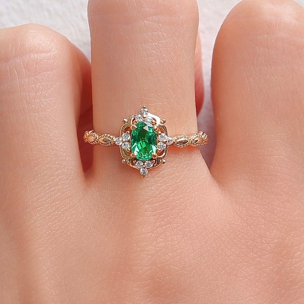 Fia Vintage Emerald Ring Gold Vermeil Engagement Promise Ring Sterling Silver Anniversary Birthday Gift For Her Dainty Art Deco Gold Filled
