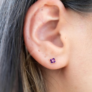 May include: A pair of small flower-shaped earrings with purple gemstones. The earrings are made of gold and have a delicate design.