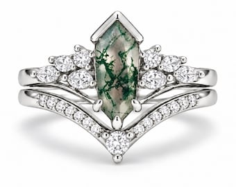 Zerenia Green Moss Agate Ring Set Sterling Silver Natural Coffin Cut Gothic Engagement Promise Statement Anniversary Gift For Her Wife 925
