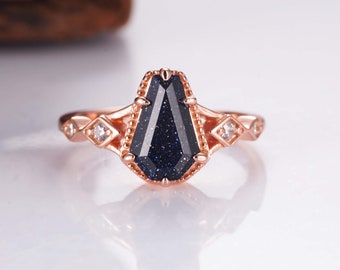 Atra Vintage Blue Sandstone Ring Set - 14K Rose Gold Filled Coffin Engagement For Women Promise Ring - Anniversary Birthday Gift For Her 925