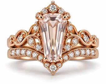 Arellano Vintage Coffin Cut Morganite Ring Set Rose Gold Birthday Women Promise Engagement Gift Her Natural Size 11 12 13 14 4 5 Moissanite