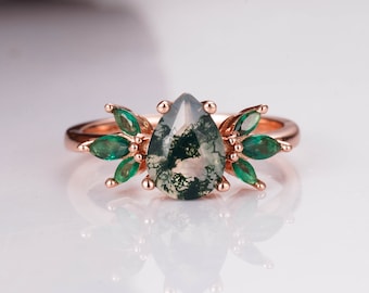 Ivy Vintage Natural Moss Agate Emerald Ring - Rose Gold Filled Engagement Ring For Women - Promise Ring Gemstone Anniversary Gift For Her