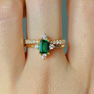 Sia Vintage Emerald Ring Set Sterling Silver Baguette 14K Gold Filled Rings Women Gemstone Dainty Engagement Promise Birthday Gift For Her