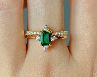 Sia Vintage Emerald Ring Set Sterling Silver Baguette 14K Gold Filled Rings Women Gemstone Dainty Engagement Promise Birthday Gift For Her
