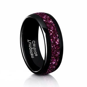 Sam Alexandrite and Ruby Wedding Band - Black Gold Natural Crushed Agate Tungsten Polished Dome - Comfort Fit Ring Gift For Him Her 8mm Men