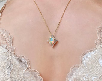 Mia Vintage Opal Necklace Sterling Silver Crystal 14K Rose Gold Filled Anniversary Gift Diamond Art Deco Dainty Opal Jewelry Engagement 925