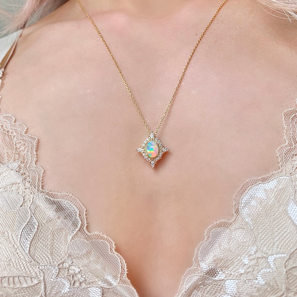 Mia Vintage Opal Necklace Sterling Silver Crystal 14K Rose Gold Filled Anniversary Gift Diamond Art Deco Dainty Opal Jewelry Engagement 925