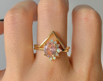 Ari Vintage Morganite Ring Set Opal 14K Gold Filled Gemstone Statement Engagement Gift For Her Minimalist Crystal Sterling Silver Promise