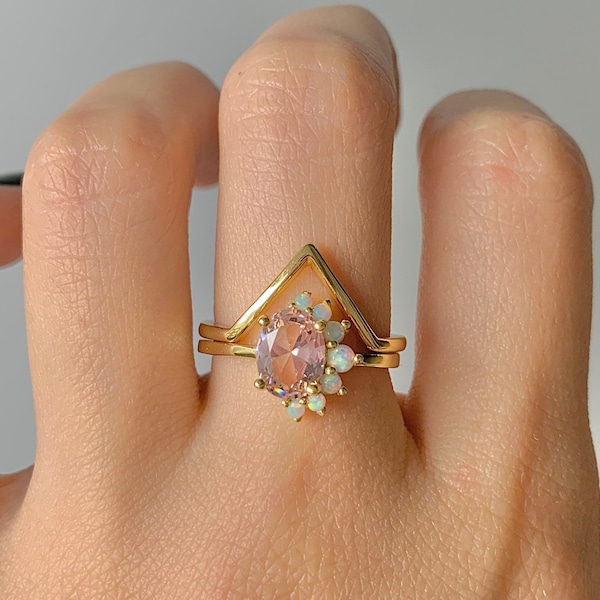 Ari Vintage Morganite Ring Set Opal 14K Gold Filled Gemstone Statement Engagement Gift For Her Minimalist Crystal Sterling Silver Promise