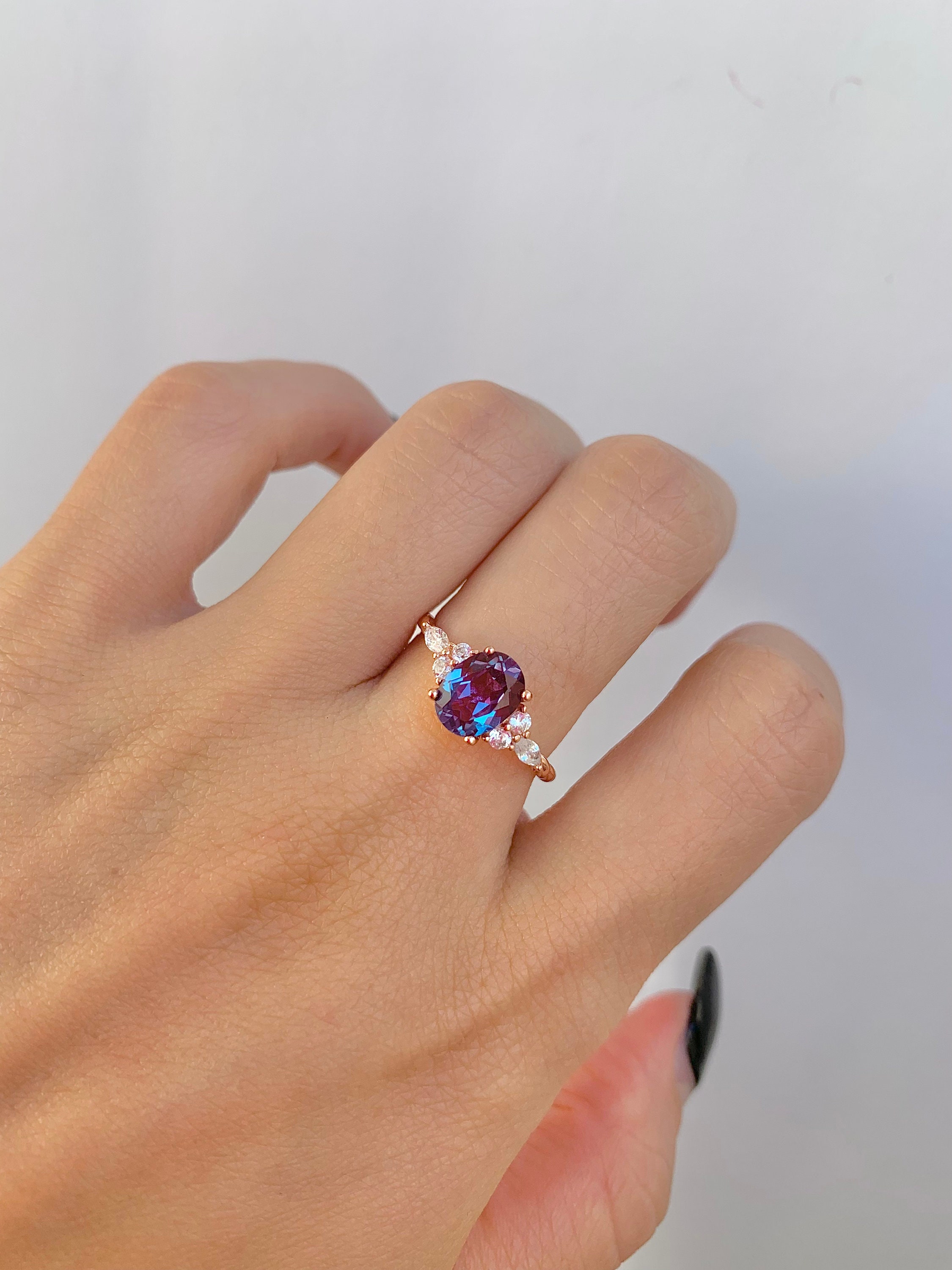 Fig 14K Gold Alexandrite Ring Engagement Rings For Women Vintage Crystal Diamond Alexandrite Gemstone Birthday Gift For Her June birthstone