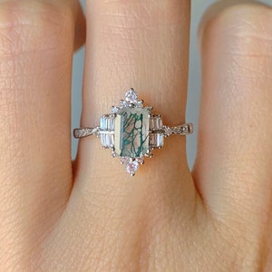 Sea Vintage Green Moss Agate Ring Sterling Silver Ring Natural Agate Engagement Promise Statement 14K Gold Gemstone Anniversary Gift For Her