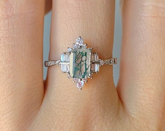 Sea Vintage Green Moss Agate Ring Sterling Silver Ring Natural Agate Engagement Promise Statement 14K Gold Gemstone Anniversary Gift For Her