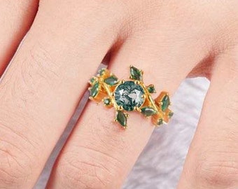Via Green Moss Agate Emerald Leaf Ring- Wedding Engagement Rings For Women 14K Gold Filled Branch Unique Promise Anniversary Gift For Her