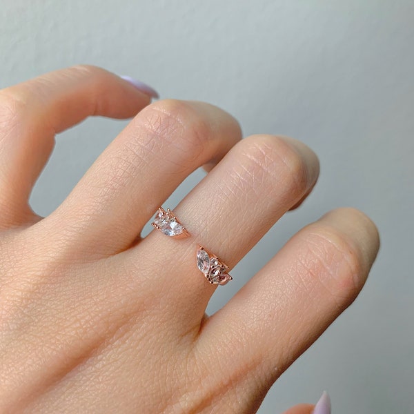 Hye 14K Gold Wedding Band Rose Gold Open Ring Vintage Petal Engagement Stacking Matching Bridal Gemstone Sterling Silver Gift For Her Wife