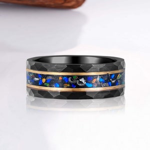 Howard Hammered Mens Sapphire and Meteorite Ring Wedding Band Unique Gift For Him Anniversary Two Tone Black 14K Gold Accent Tungsten 8mm