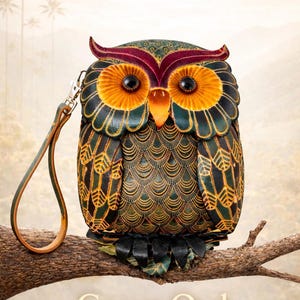 May include: A handcrafted leather owl-shaped bag in green, gold, and black, perched on a branch. The owl has detailed eyes and a handle. The text "Green Owl" and "Handcrafted Leather" are displayed below the owl.