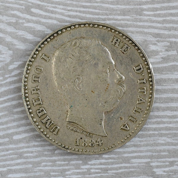 1884 R Italy 1 Lira Silver Coin (King Umberto I)