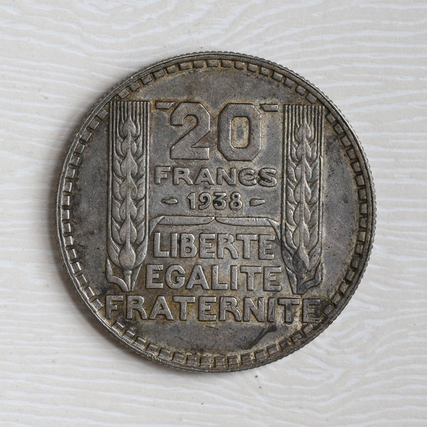 1938 France 20 Francs Silver Coin (Liberté, Egalité, Fraternité) République Française (French Republic)