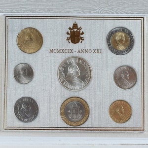 1999 Vatican City Uncirculated 8 Coin Mint Set (Pope John Paul II MCMXCIX Anno XXI) with 10, 20, 50, 100, 200, 500 and two 1000 Lire Coins