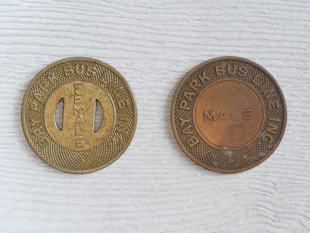 Bus Ride Token Set of Bay Park Bus Line Inc. MALE and FEMALE One Ride Bus Fare Transit ...