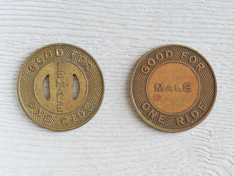 Bus Ride Token Set of Bay Park Bus Line Inc. MALE and FEMALE One Ride Bus Fare Transit ...