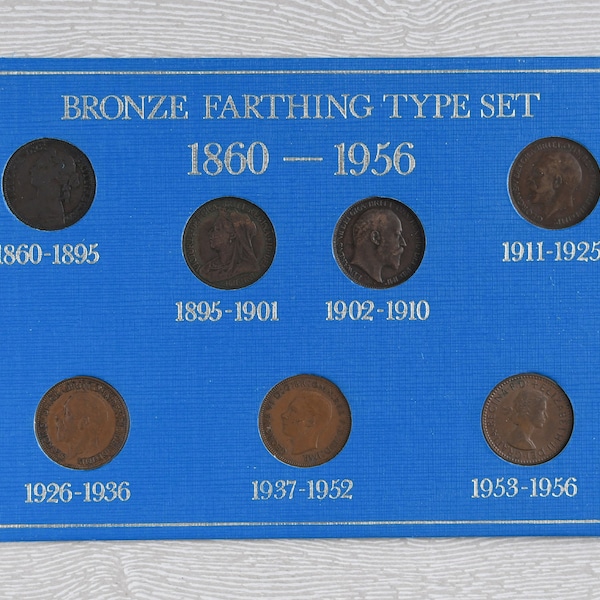 1860-1956 Bronze Farthing Great Britain Type Set of 7 Coins (1875 H, 1896, 1902, 1919, 1929, 1946, 1954) Coin Collection