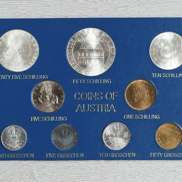 1973 Coins of Austria Uncirculated 9 Coin Set with 3 Silver Coins - 50 Schilling, 25 Schilling, and 10 Schilling