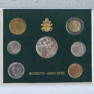 1996 Vatican City Uncirculated 7 Coin Mint Set (Pope John Paul II MCMXCVI Anno XVIII) with 10, 20, 50, 100, 200, 500 and 1000 Lire Coins