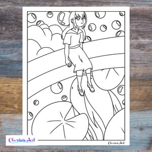 May include: A black and white line drawing of a girl sitting on a large leaf with bubbles floating around her. The girl is wearing a dress and has long hair. The drawing is on a white background.