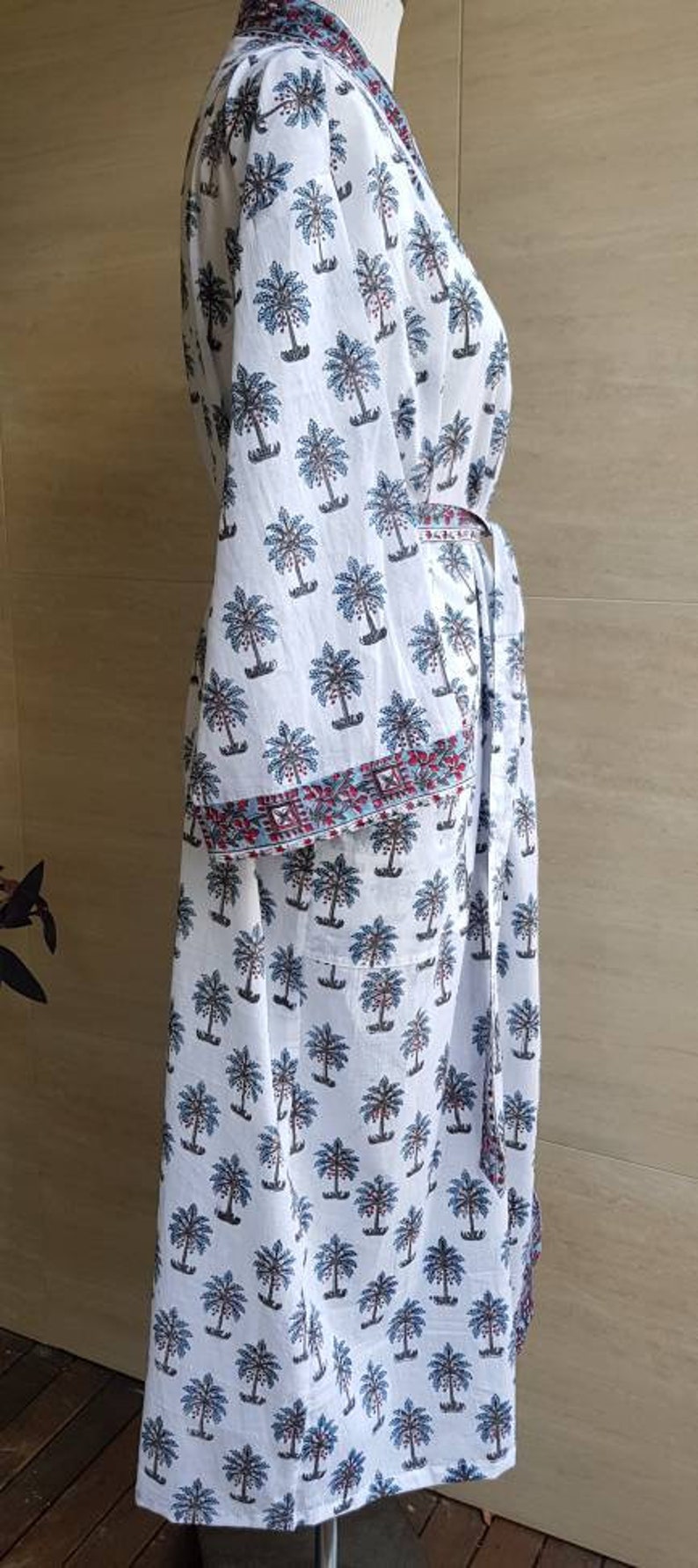 Cotton Bathrobe Kimono Indian block print palm tree design wedding gown bridesmaid