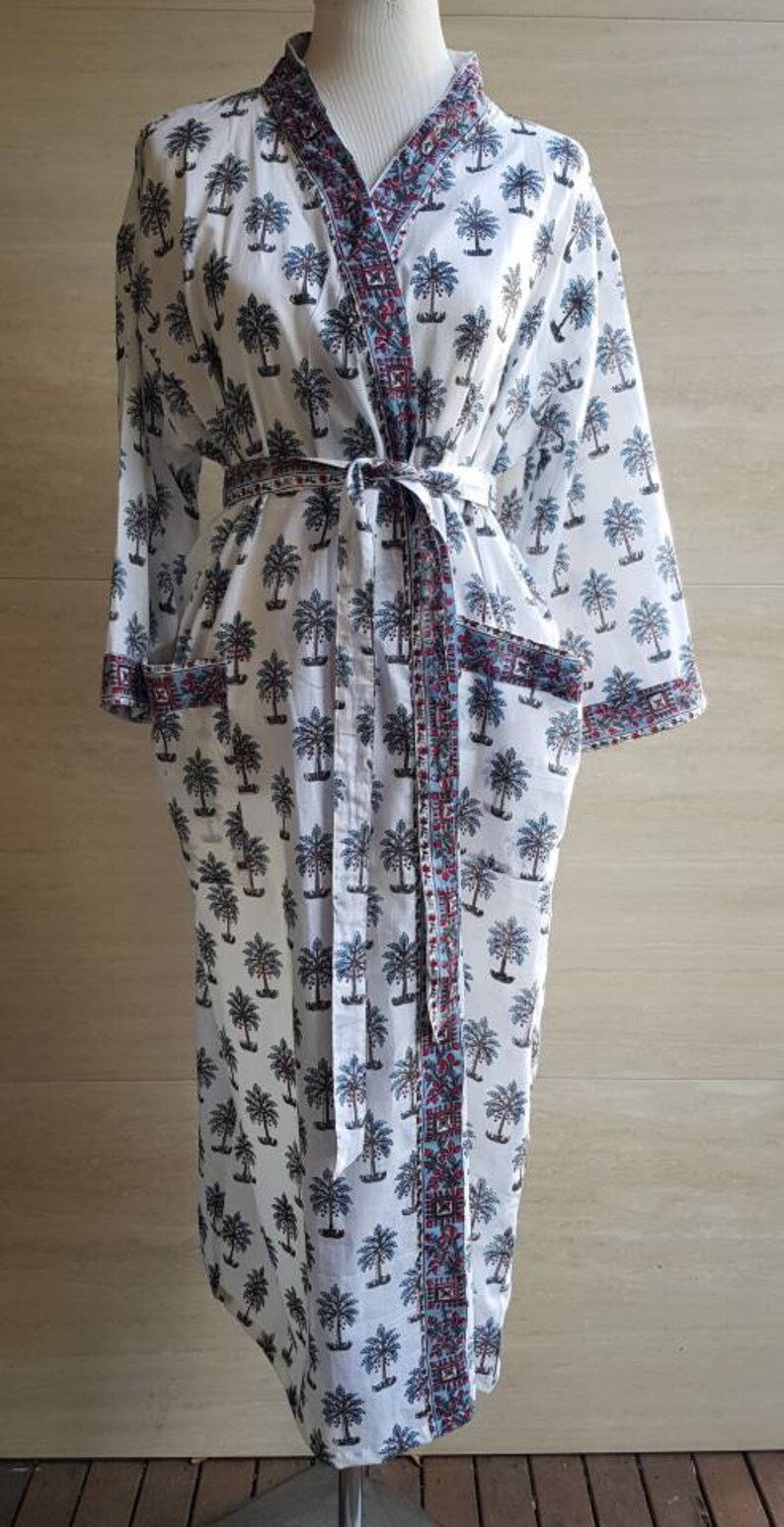 Cotton Bathrobe Kimono Indian block print palm tree design wedding gown bridesmaid