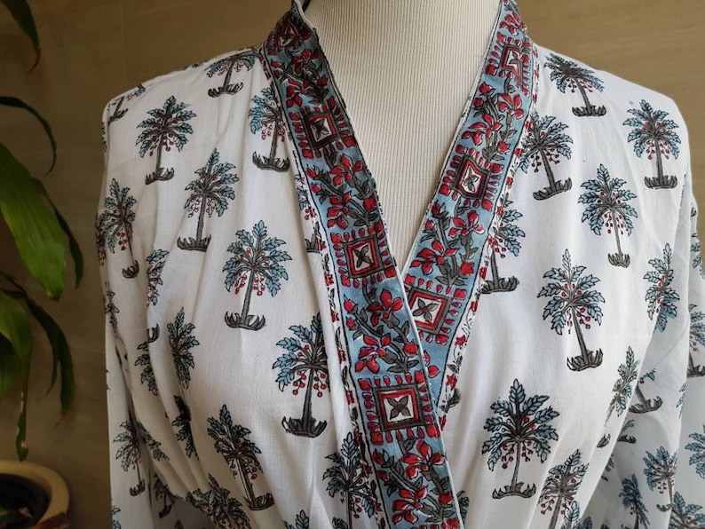 Cotton Bathrobe Kimono Indian block print palm tree design wedding gown bridesmaid