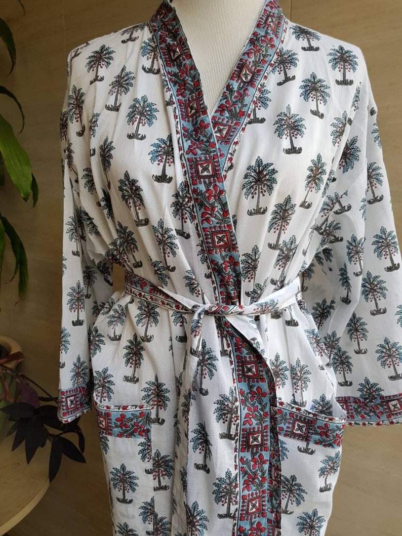 Cotton Bathrobe Kimono Indian block print palm tree design wedding gown bridesmaid