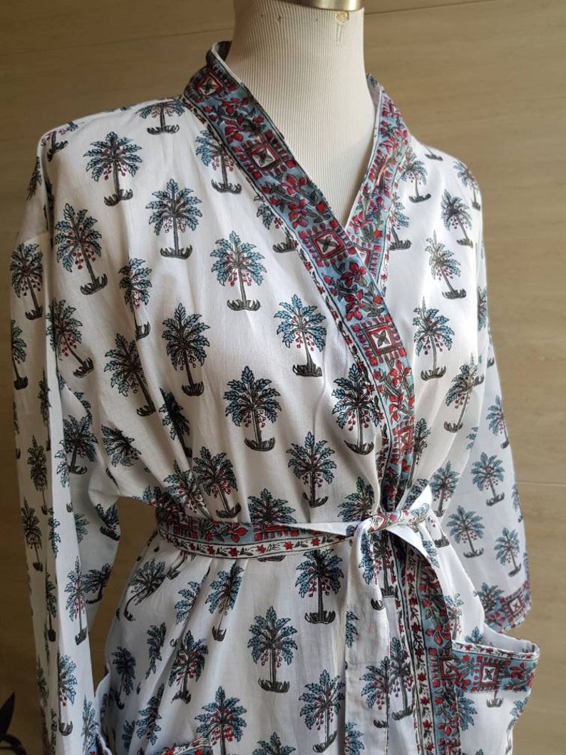 Cotton Bathrobe Kimono Indian block print palm tree design wedding gown bridesmaid