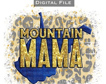Mountain Mama WV Gold Blue Glitter Leopard PNG 400 DPI Clipart Sublimation