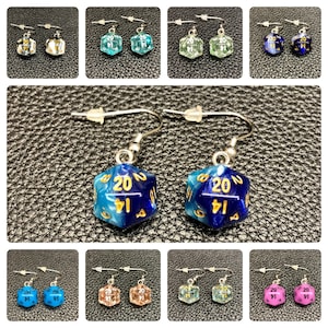 Mini D20 Dice Earrings / Swirl - Glow In The Dark - Glitter / 10mm / Stainless Steel Hangers / Silicone Earnuts
