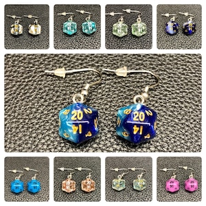 Mini D20 Dice Earrings / Swirl Glow In The Dark Glitter / 10mm / Stainless Steel Hangers / Silicone Earnuts image 1