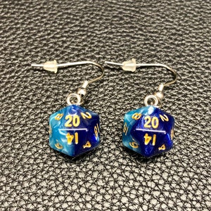 Mini D20 Dice Earrings / Swirl Glow In The Dark Glitter / 10mm / Stainless Steel Hangers / Silicone Earnuts Blue/Light Blue mix