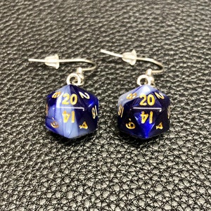 Mini D20 Dice Earrings / Swirl Glow In The Dark Glitter / 10mm / Stainless Steel Hangers / Silicone Earnuts Blue and White mix