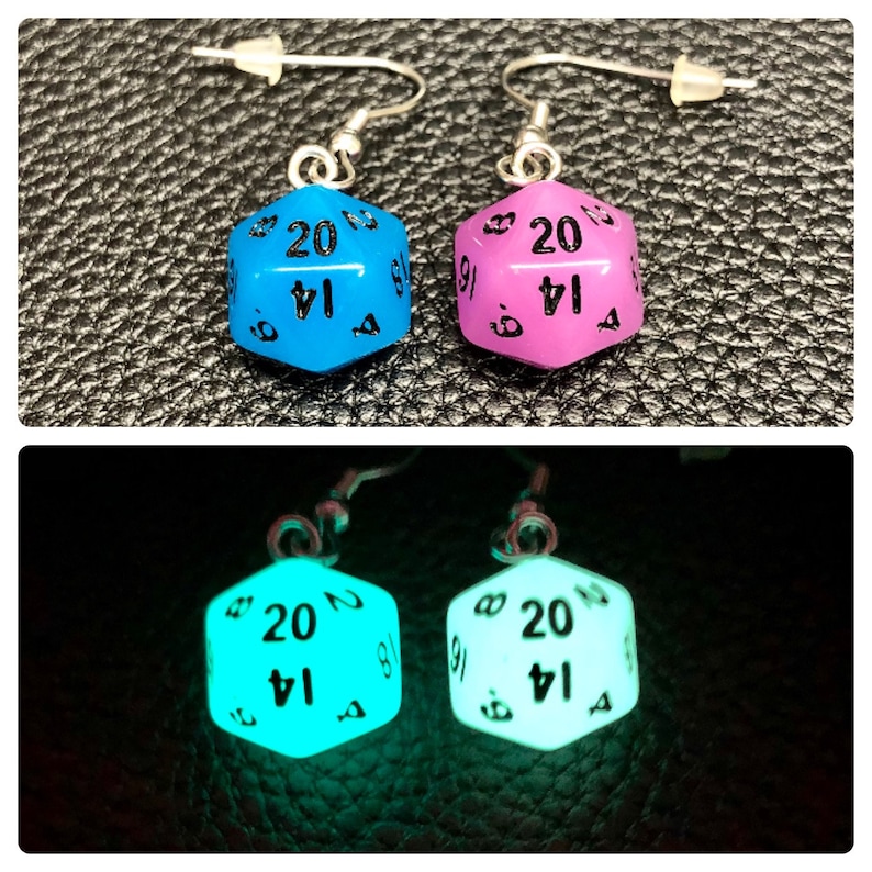 Mini D20 Dice Earrings / Swirl Glow in the Dark Glitter / Etsy