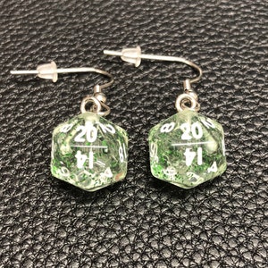 Mini D20 Dice Earrings / Swirl Glow In The Dark Glitter / 10mm / Stainless Steel Hangers / Silicone Earnuts Green Glitter