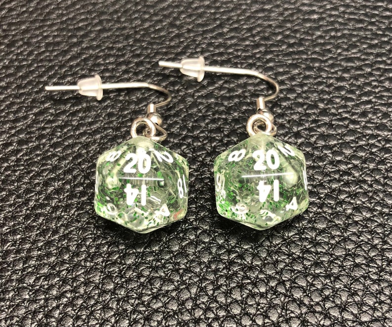 Mini D20 Dice Earrings / Swirl Glow In The Dark Glitter / 10mm / Stainless Steel Hangers / Silicone Earnuts Green Glitter