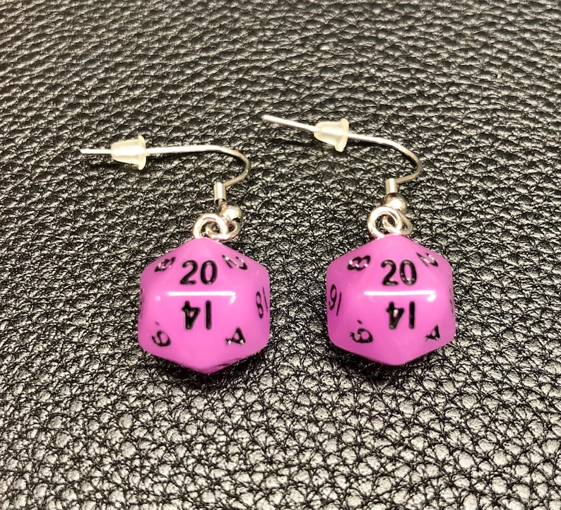 Mini D20 Dice Earrings / Swirl Glow In The Dark Glitter / 10mm / Stainless Steel Hangers / Silicone Earnuts Glow Purple