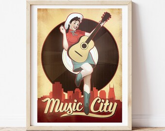 MUSIC CITY - Music City Mural, Nashville Sound, Country Music, Nashville Print, Music City Print, Country Western, Nashville Art Print