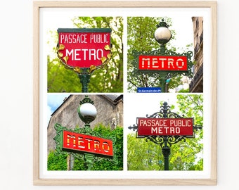 Paris Photography - Señales del metro de París, Metro de París, Fotos de París, Decoración de la pared francesa, Impresión de París, Rojo, Foto del letrero del metro, **Conjunto de 4 fotos**