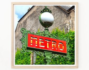 Paris Photography - Señales del metro de París, Metro de París, Monumentos de París, Fotos de París, Decoración del Muro de París, Impresión de París, Rojo, Foto del letrero del metro