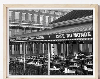 Cafe Du Monde, French Quarter, Black-and-White Print,  Beignets and Coffee, Nola Landmark, Iconic Cafe, Jackson Square, New Orleans Wall Art