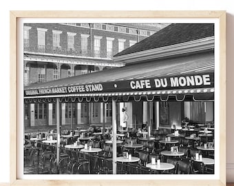 Cafe Du Monde - French Quarter, Black-and-White Print,  Beignets and Coffee, Iconic Cafe, Jackson Square, New Orleans Wall Art