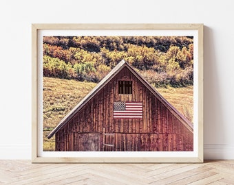 American Flag Barn - Rustic Barn, Farmhouse Decor, American Flag, Barn with Flag, Americana, Western Barn, Patriotic Wall Art, USA Flag