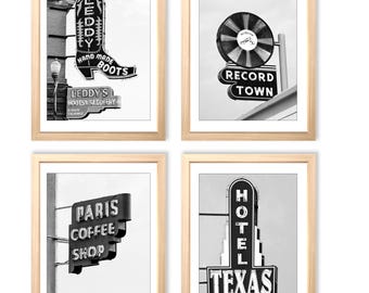 Fort Worth Photography - Set of 4, Black-and-White Prints, Fort Worth Wall Decor, Hotel Texas Print, Record Town, Paris Coffee Shop, Leedy's